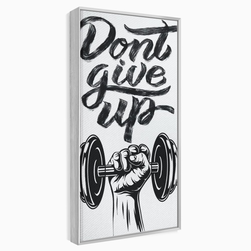 Tablou canvas cu ilustratie motivationala cu halterofil si mesaj, in rama de aluminiu argintiu